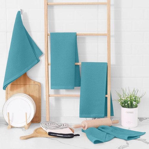 Homaxy Kitchen Dish Towels - Ultra Soft 100% Cotton Waffle Weave, Quick Drying, 13 x 28 Inches, 4-Pack | Lake Blue