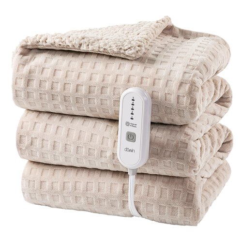 Dowin Heated Blanket Electric Blanket - Throw Size Waffle Fleece Heating Warming Blankets with Auto Shut Off for Couch Office Chair Bed Adults Fuzzy Cozy Machine Washable 50x60 Khaki