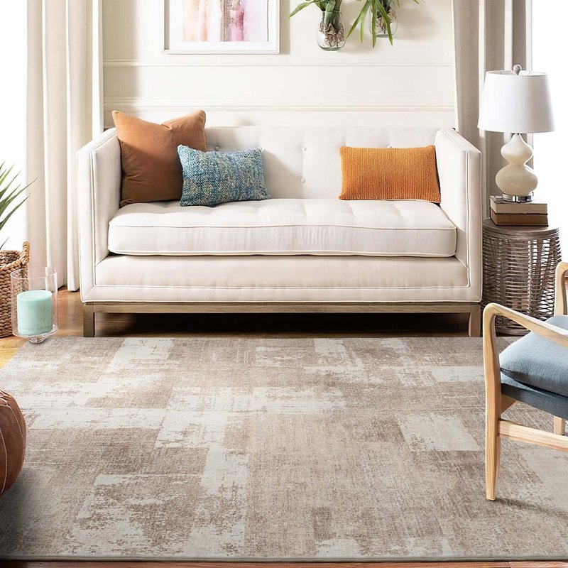 Area Rug Living Room Rugs 8x10 Washable: Indoor Soft Low Shaggy Fluffy Pile Carpet Abstract Decor Large for Bedroom Dining Room Under Kitchen Table Home Office - Beige/Ivory