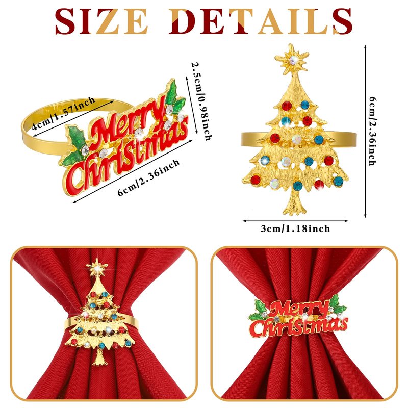 Sliner 24 Pcs Christmas Napkins and Ring Set 12 Pcs Red Washable Christmas Napkins Cloth and 12 Pcs Xmas Napkin Rings Holder for Holiday Dinner Party(Metal,Letter, Christmas tree)
