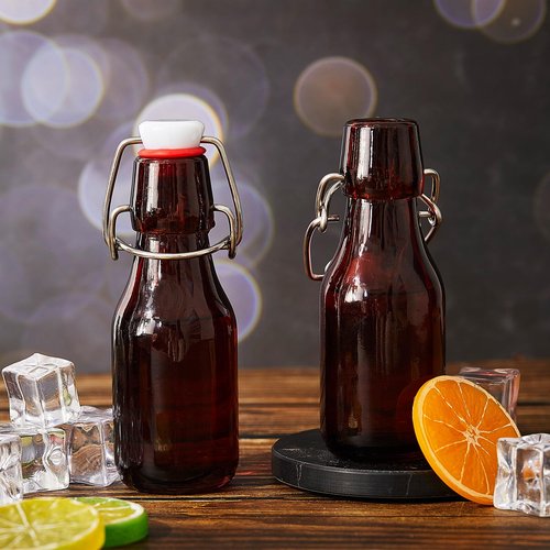 Tessco 24 Pcs Mini Swing Top Glass Bottles with Stoppers Small Flip Top Bottles with Airtight Lids for Crafts Decoration Wedding Themed Party Favors(3.3 oz,Amber)