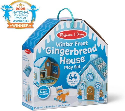 Melissa & Doug Wooden Gingerbread House Play Set - Winter Frost Design for Kids Age 3+