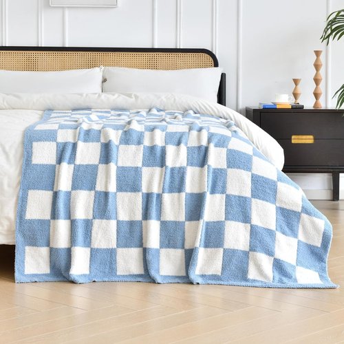 Checkered Knitted Throw Blanket - Cozy Soft Fluffy Plaid Design | Lightweight 50"x60" for Couch & Travel