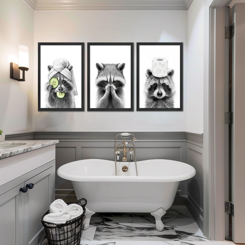 WRFON Raccoon Bathroom Wall Art Set of 3, Black and White Funny Animal Framed Canvas Prints, Farmhouse Wall Decor for Bathroom, Laundry Room or Kids Room, 16" W x 24" H Inch