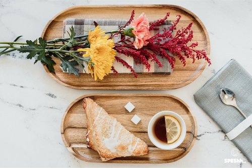 SPEShh Acacia Wooden Serving Trays Set of 2 - Rectangular Oval Shaped Wood Plates for Charcuterie Cheese Bread Fruit Vegetable Dip Sushi - Rustic Serving Platter Shallow Dishes -14x7 & 11x5.5 In.
