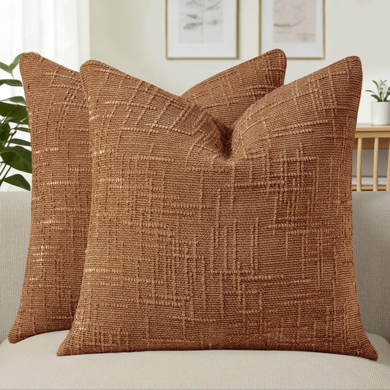 Allorry Fall Decorative Couch Throw Pillow Covers 18x18 Set of 2 Rust Soft Chenille Pillow Covers Neutral Textured Boho Cushion Covers for Modern Farmhouse Sofa Bedroom Living Room Decor SY008-B18