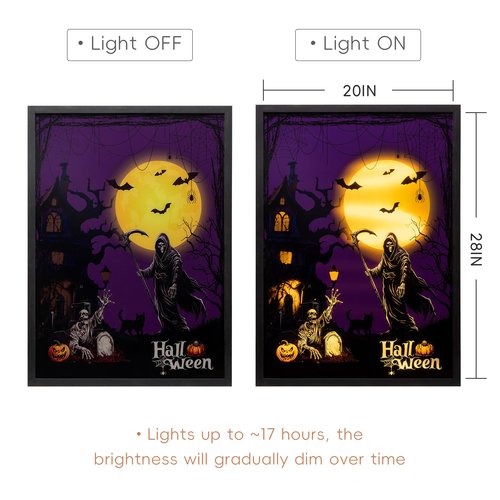 ArtbyHannah Lighted Halloween Wall Decor, Spooky Skeleton Wall Art with Gothic Haunted Mansion & Dark Academia Pictures for Kitchen Mantel Entryway Indoor Decorations (20×28 Inch)
