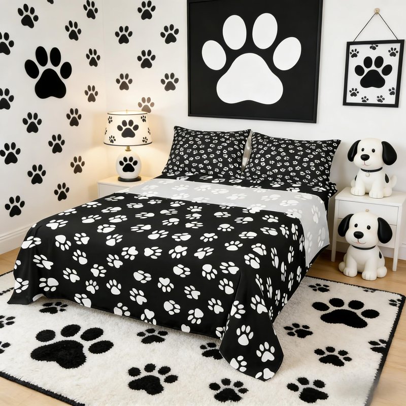Homewish Dog Paw Print Kids Sheet Queen Size,Kawaii Pet Bedding Set,Boys Girls Adults Bedroom/Xmas/Halloween Decor,Cartoon Animal Black White Simple Bed Sheet Set 4pcs(Fitted + Flat + 2 Pillowcases)