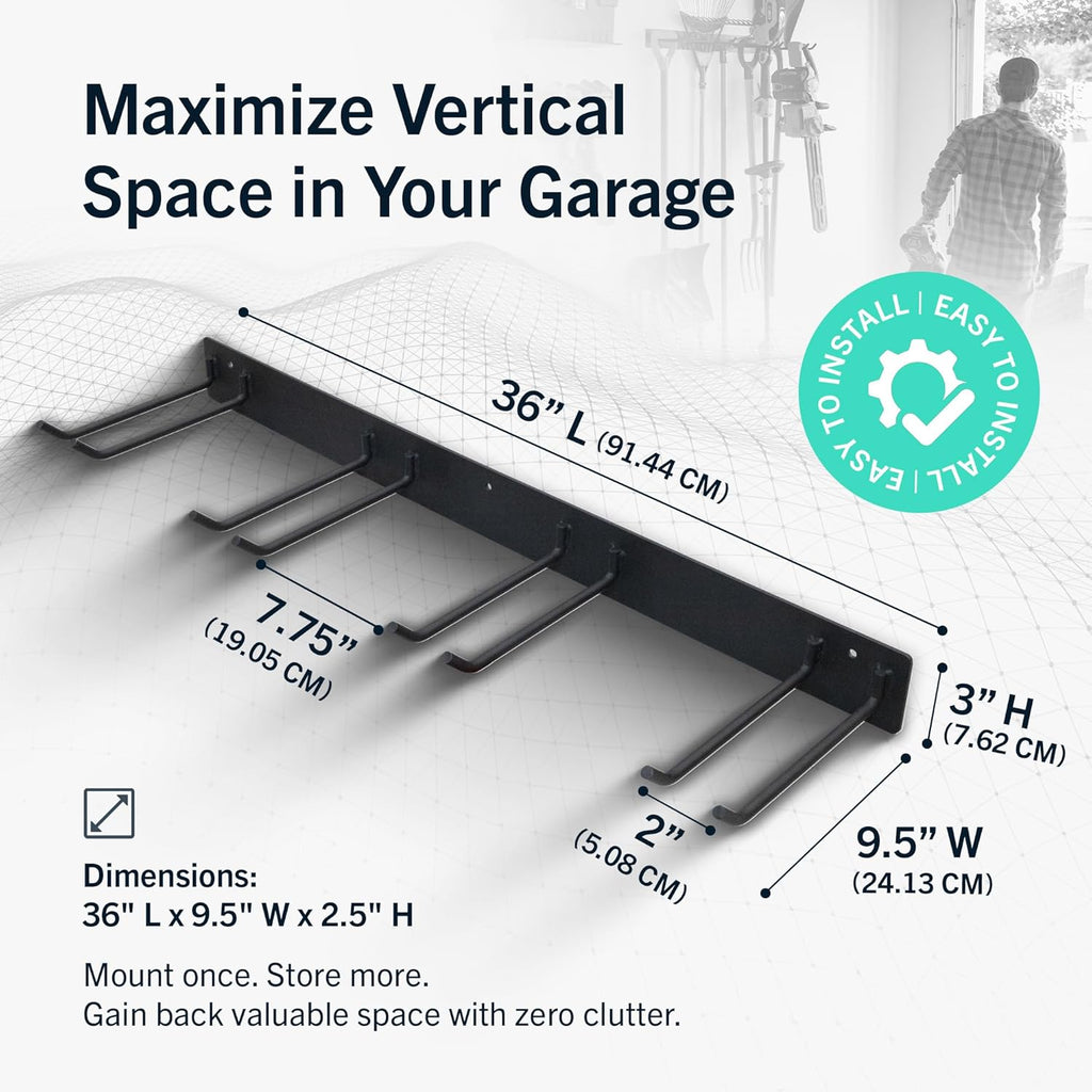 StoreYourBoard 36" Garage Tool Organizer Wall Mount - Heavy Duty Garden Tool Storage Rack with 4 Hooks for Rakes & Shovels