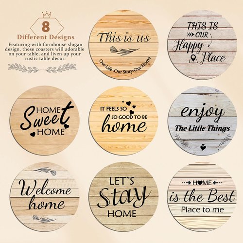 Billbotk Farmhouse Coasters Set of 8, Ceramic Drink Coaster for Coffee Table Decor, Funny House Warming Gifts for New Home, 4 Inches