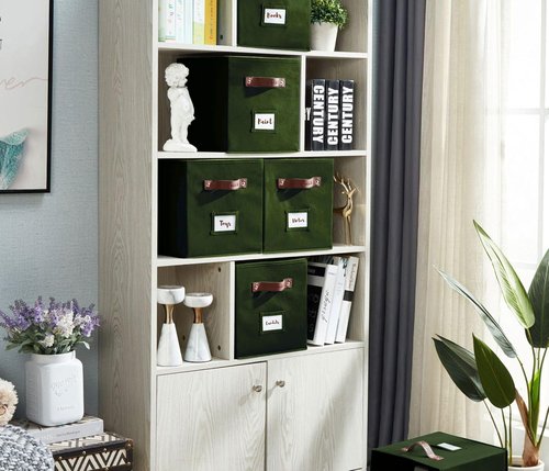 DECOMOMO Storage Cubes - 13x13x13 Fabric Organizer Bins with Labels | Olive Green (Set of 6)