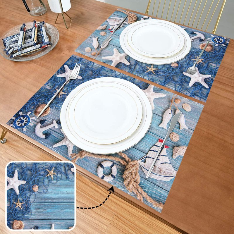 Blue Placemats Set of 8, Summer Nautical Theme Starfish Shell Fishnet Non Slip Heat Resistant Linen Fabric Cloth Place Mats, Washable Holiday Party Dining Table Mats for Coastal Home Kitchen Decor