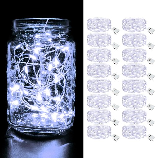 Btfarm 16 Pack LED Fairy Lights - Battery Operated Twinkle Lights with 3 Modes | 7FT Silver Wire for Mason Jars, Cold White