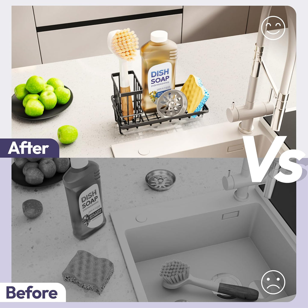 SWTYMIKI Sink Caddy Sponge Holder - Stainless Steel Kitchen Organizer for Dish Soap & Sponges, Black