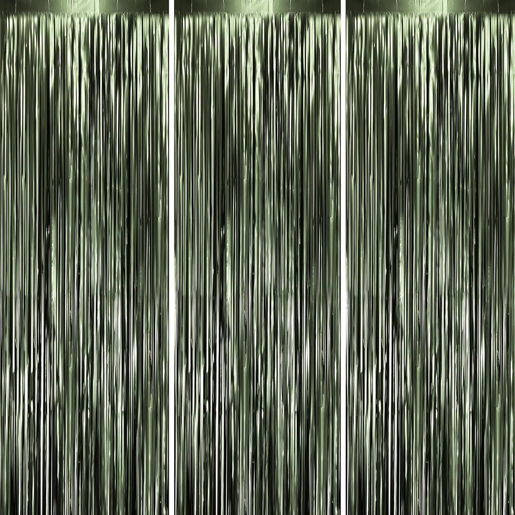 Voircoloria Matte Green Foil Fringe Backdrop Curtains - 3 Pack Tinsel Streamers for Parties & Events
