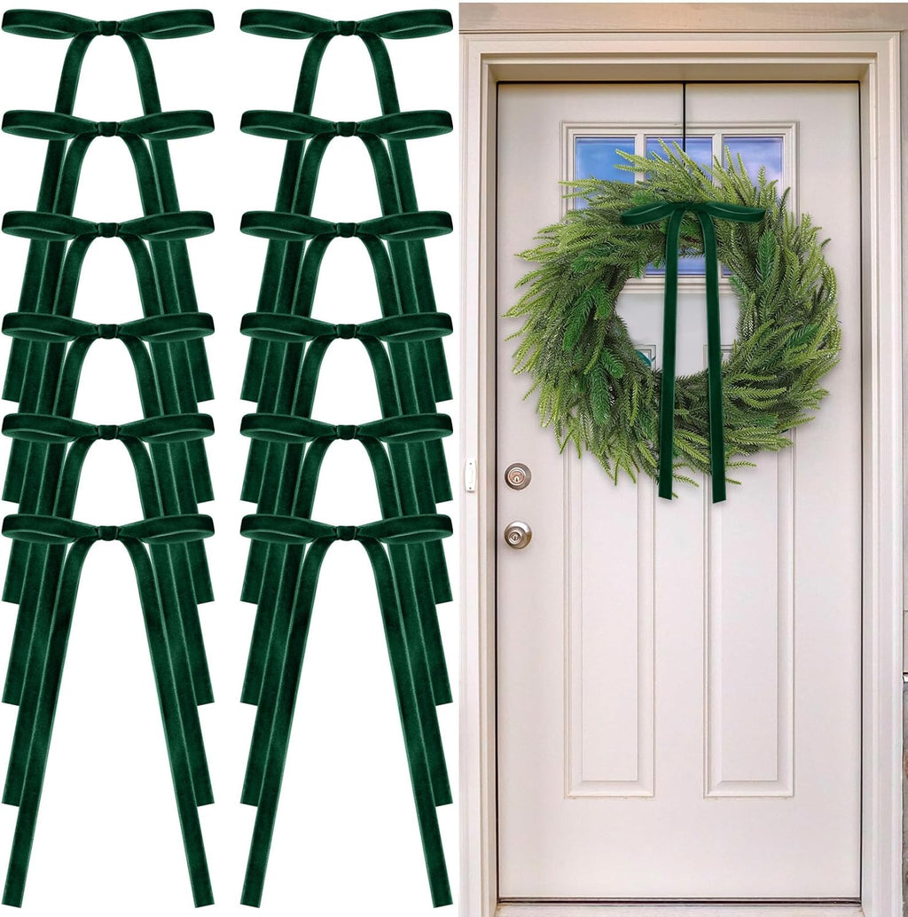 Skiennix 24 Pcs Velvet Bows - Vintage Ribbon Bows for Christmas Tree & Crafts | Dark Green, 9 x 13 Inch