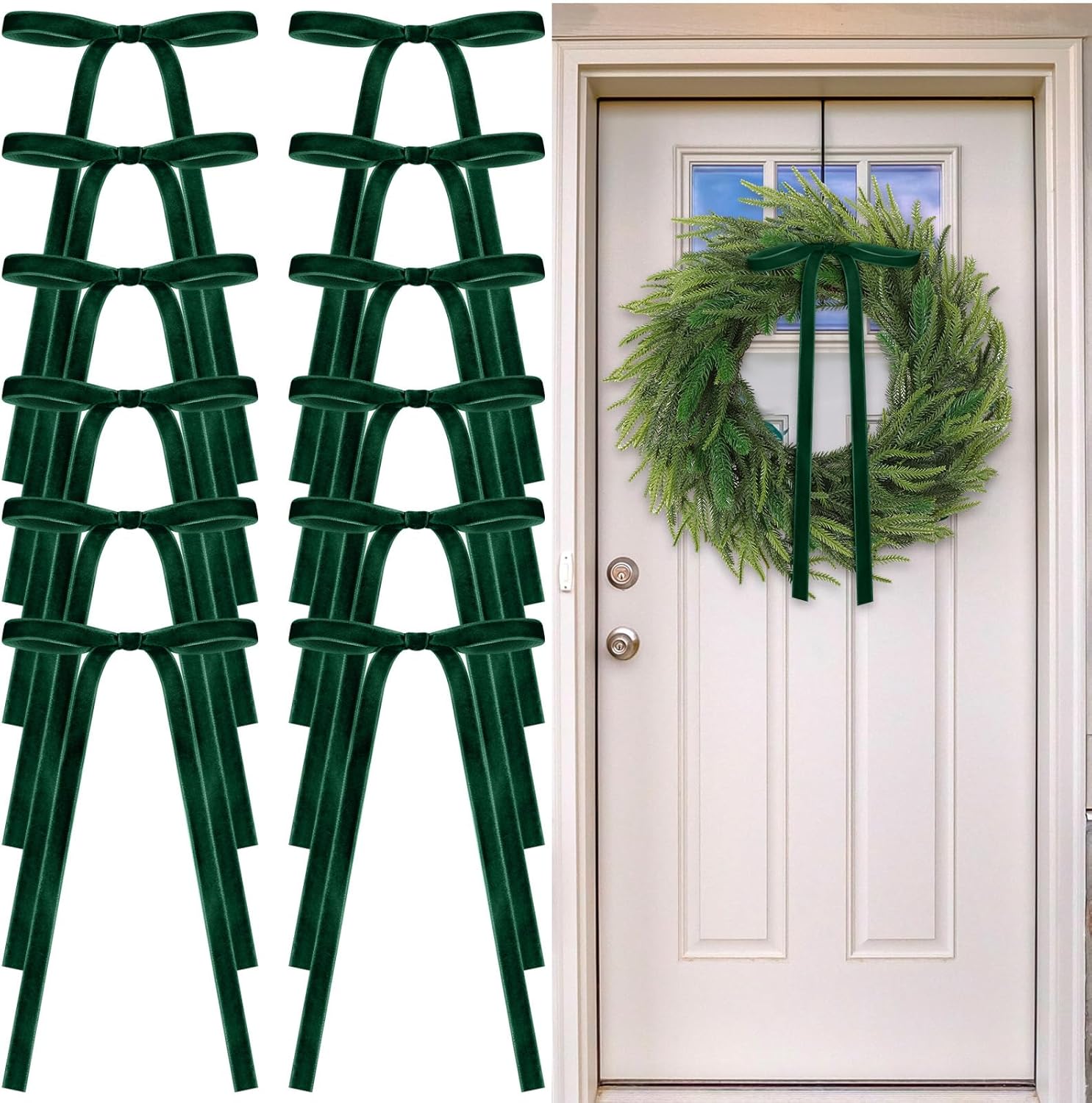 Skiennix 24 Pcs Velvet Bows - Vintage Ribbon Bows for Christmas Tree & Crafts | Dark Green, 9 x 13 Inch