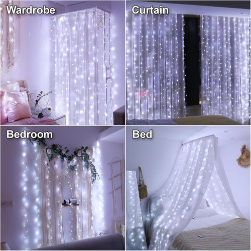 HXWEIYE 300LED Fairy Curtain Lights - 9.8x9.8Ft USB Plug-In with 8 Modes & Remote | White Indoor Decor