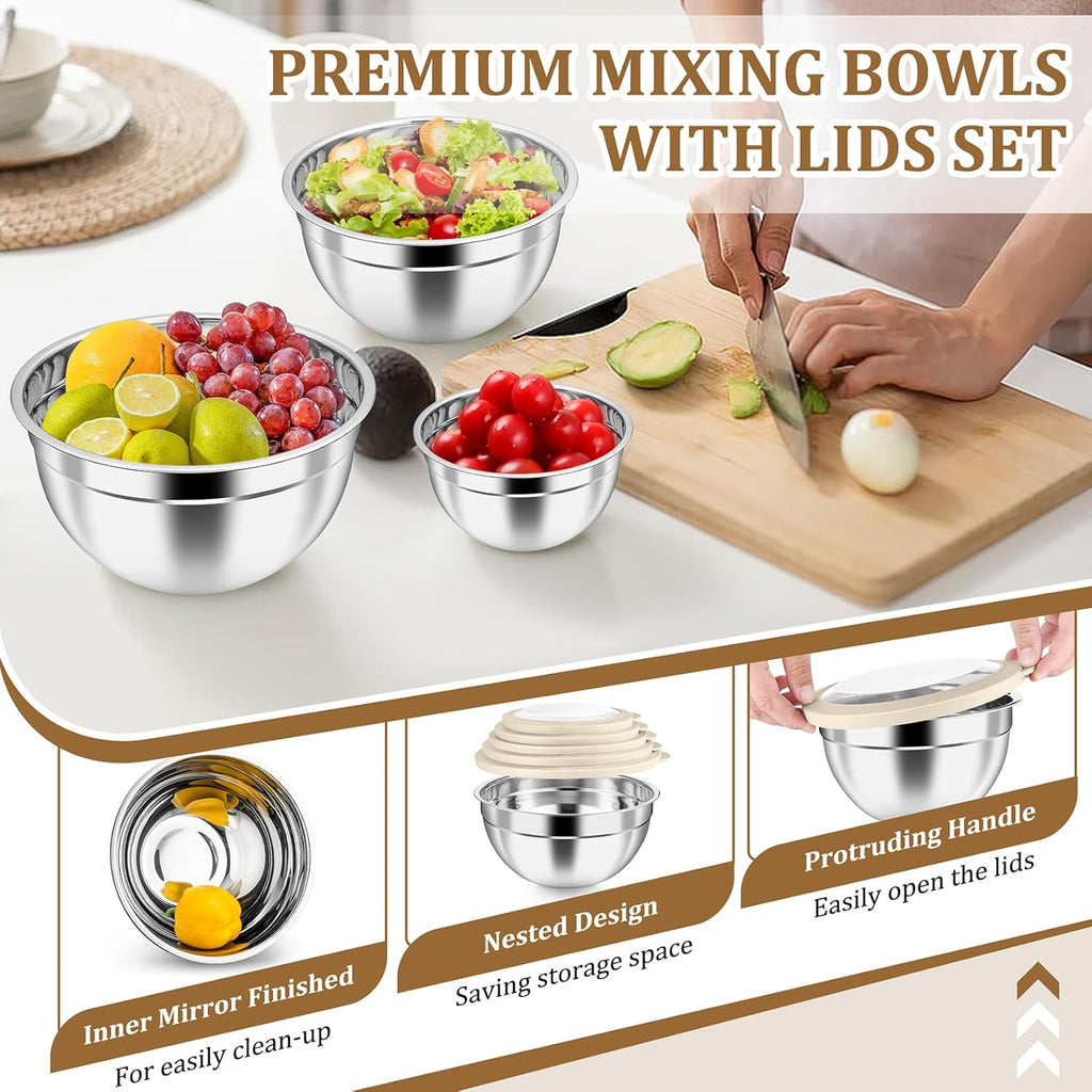 P&P CHEF Stainless Steel Mixing Bowls Set - 10-Piece with Airtight Lids for Kitchen Prep | Sizes 4.6QT to 0.7QT, Khaki