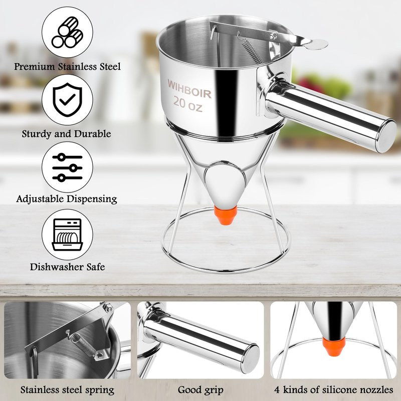 WIHBOIR Stainless Steel Pancake Batter Dispenser with Squeeze Handle and Multi-Nozzle, for Pancakes, Cupcakes, and Baked Goods. 20 oz