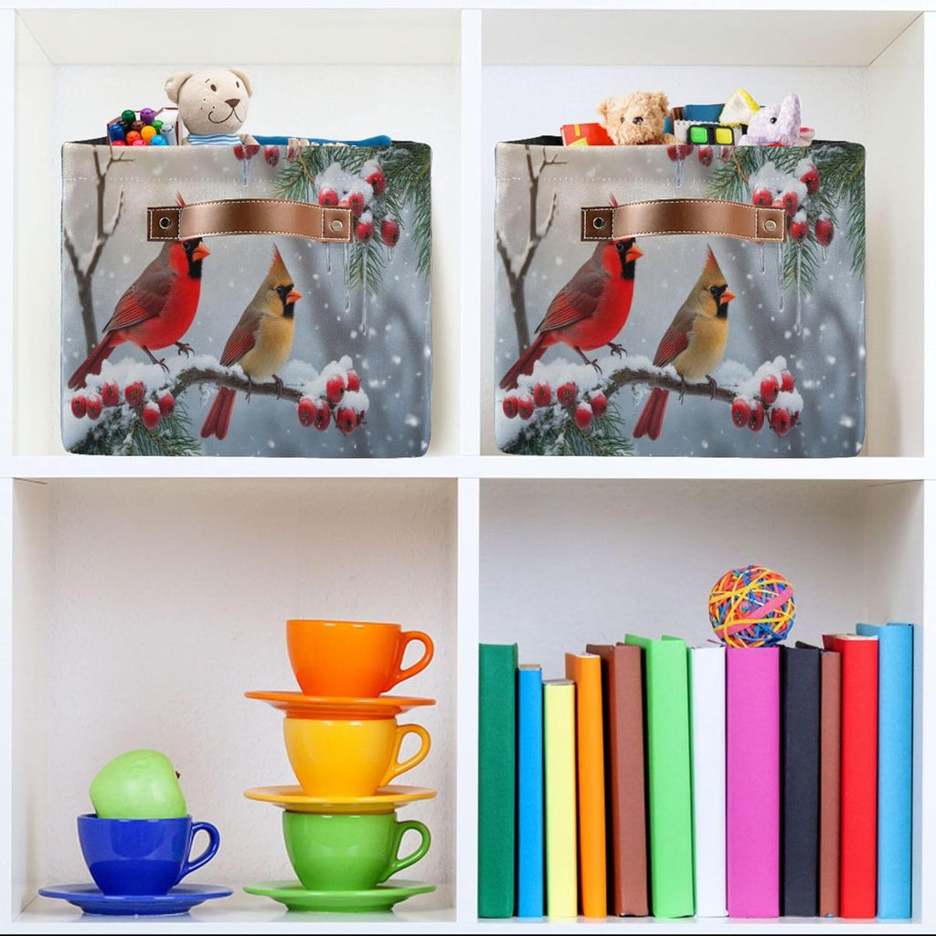 Winter Cardinal Birds Fabric Laundry Basket - Stylish Snow Storage Organizer for Baby Clothes & Toys | 16x12x8