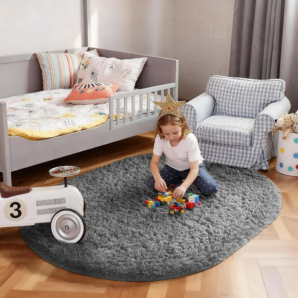 Ophanie Oval Area Rug - Non-Slip 3x5 Grey Carpet for Bedroom & Dorm Decor | Fluffy & Aesthetic