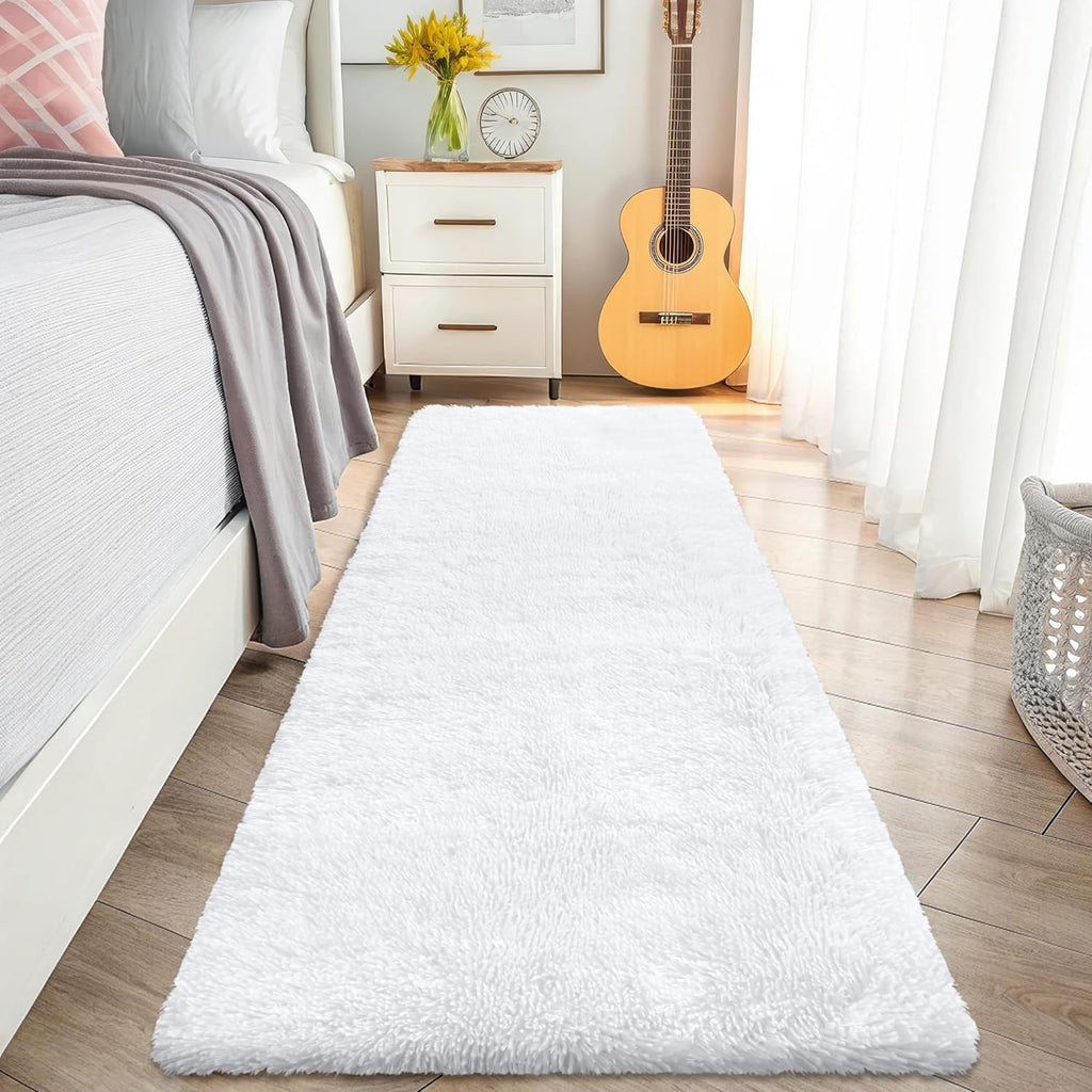 OLANLY Runner Rugs - 2x8 Machine Washable Soft Fluffy Shaggy Carpet for Bedroom & Hallway | White