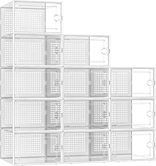 Kuject X-Large Shoe Storage Boxes - Clear Plastic Stackable 12 Pack for Sneakers & Toy Organization | White