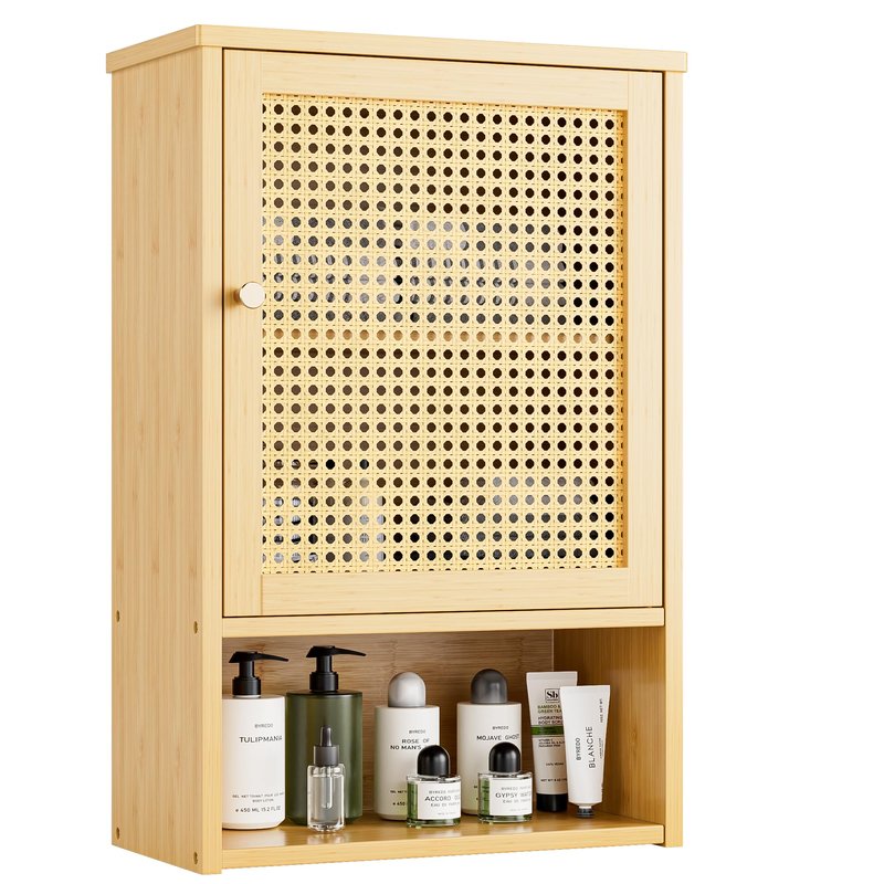 vovala Bathroom Wall Cabinet, Bamboo Over-The-Toilet Storage Organizer with Rattan Doors and Adjustable Shelf, Space Saver Medicine Cabinet for Laundry, Kitchen, Living Room (Natural)