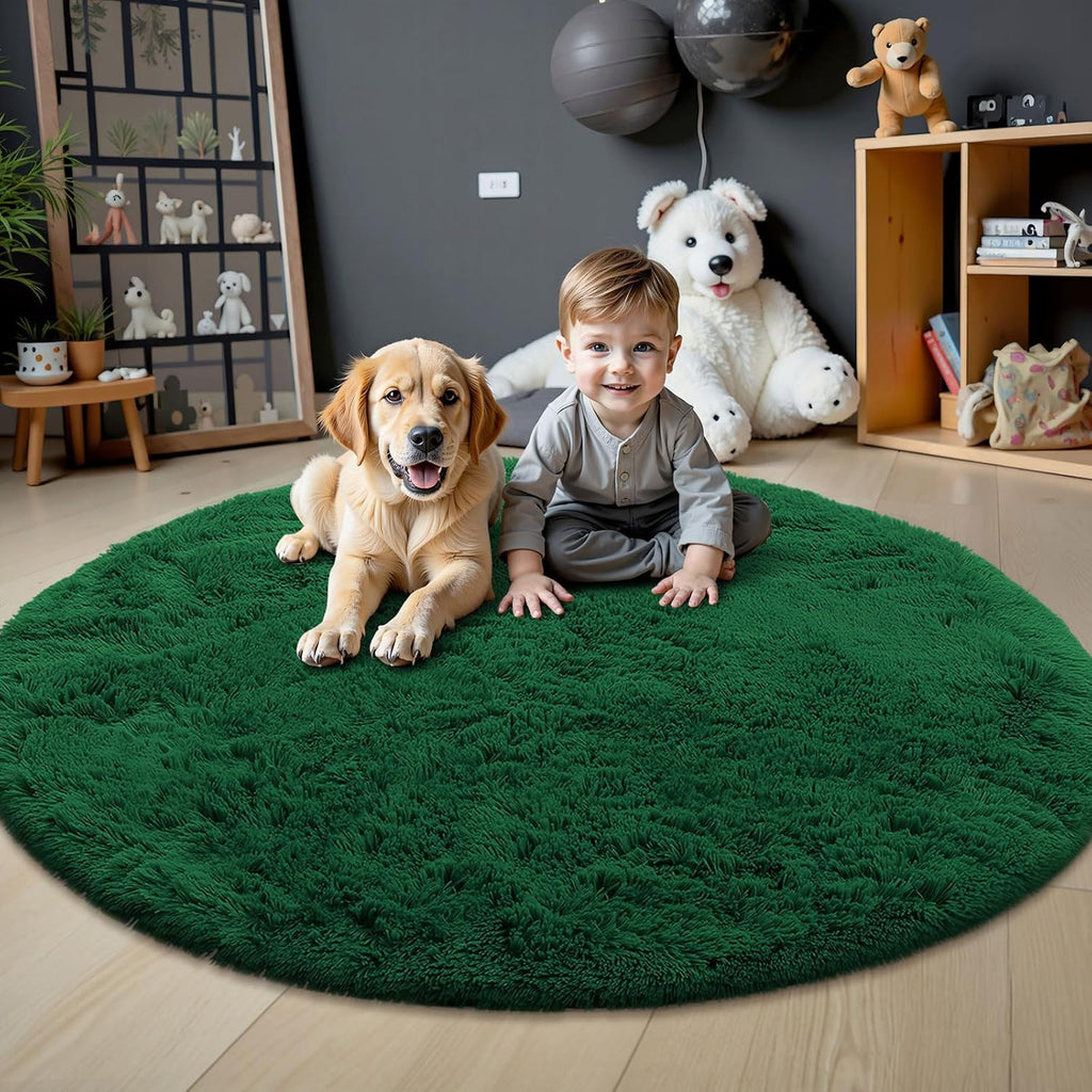 OLANLY Dark Green Round Rug - Soft, Fluffy Shaggy Carpet | 4 ft Machine Washable Area Rug for Bedroom & Living Room Decor