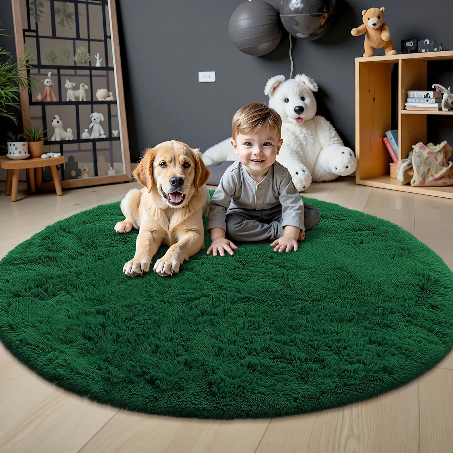 OLANLY Dark Green Round Area Rug - Soft, Fluffy, Machine Washable 6 ft Circle Carpet for Bedrooms & Nurseries