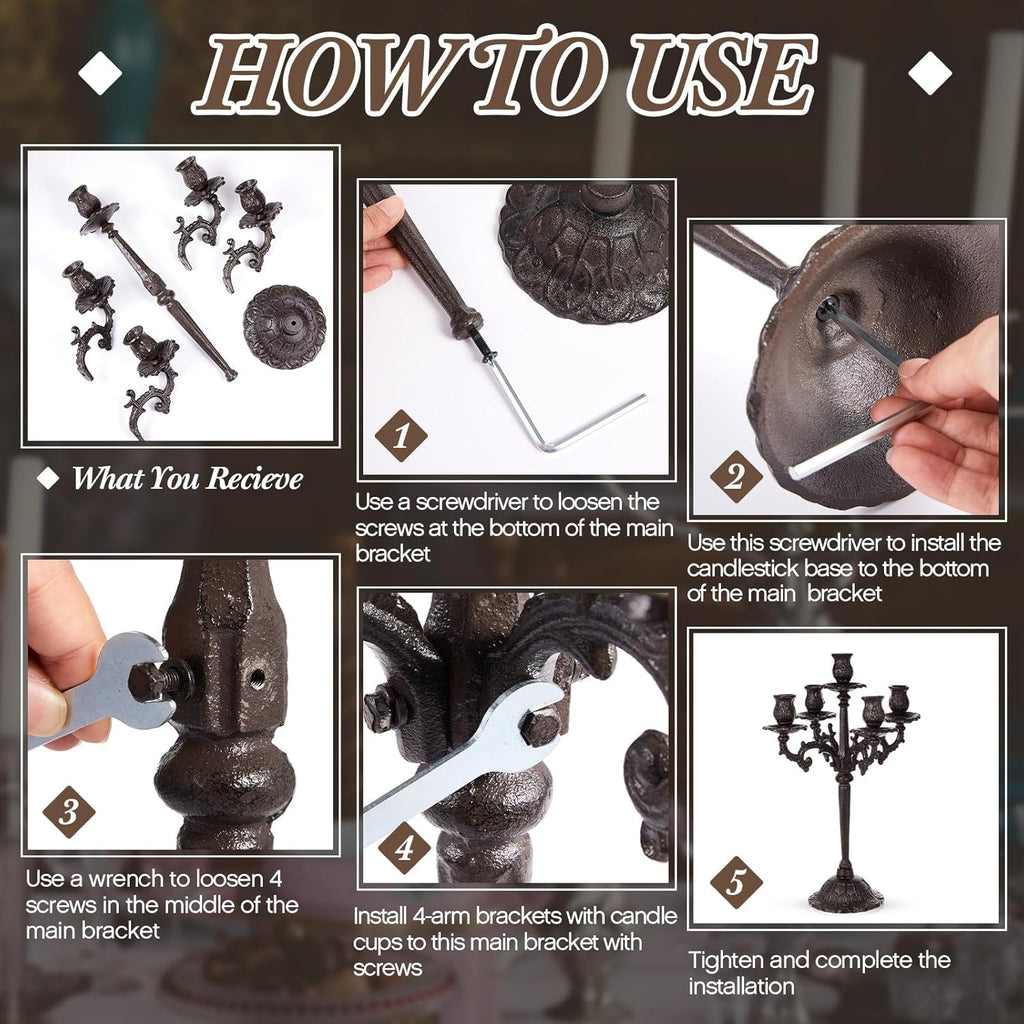 Mumufy Black Candelabra Set - 5 Arm Cast Iron Candle Holders | 16.7" Vintage Gothic Centerpieces