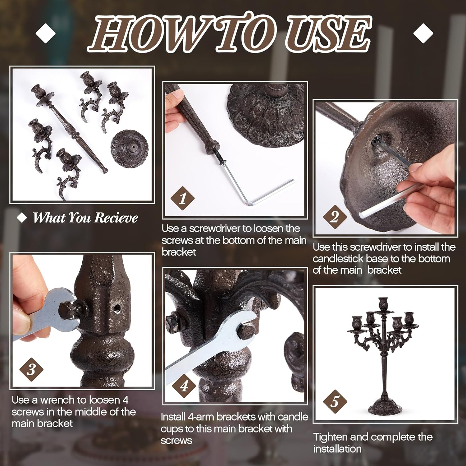 Mumufy Black Candelabra Set - 5 Arm Cast Iron Candle Holders | 16.7" Vintage Gothic Centerpieces