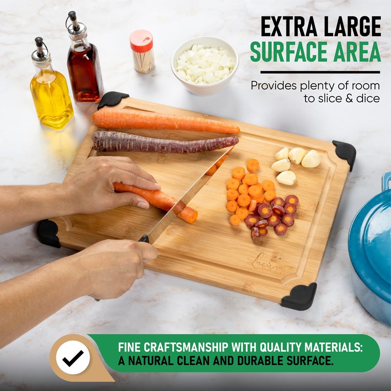 LACUNA BOUTIQUE Extra Large Non Slip Bamboo Cutting Board with Deep Juice Grooves- Wood Cutting Board for Kitchen Meal Prep & Serving Tray- Charcuterie Board & Chopping Butcher Block