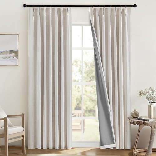 MIULEE 100% Blackout Curtains - Linen Pinch Pleated Thermal Insulated Drapes | 92 Inch Long, Beige, 2 Panels Set