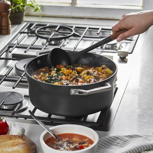 STAUB Soup Ladle, Perfect for Serving Hot Soup, Portion Batter for Pancakes, and Sauce Pasta, Durable BPA-Free Matte Black Silicone, Acacia Wood Handles, Safe for Nonstick Cooking Surfaces