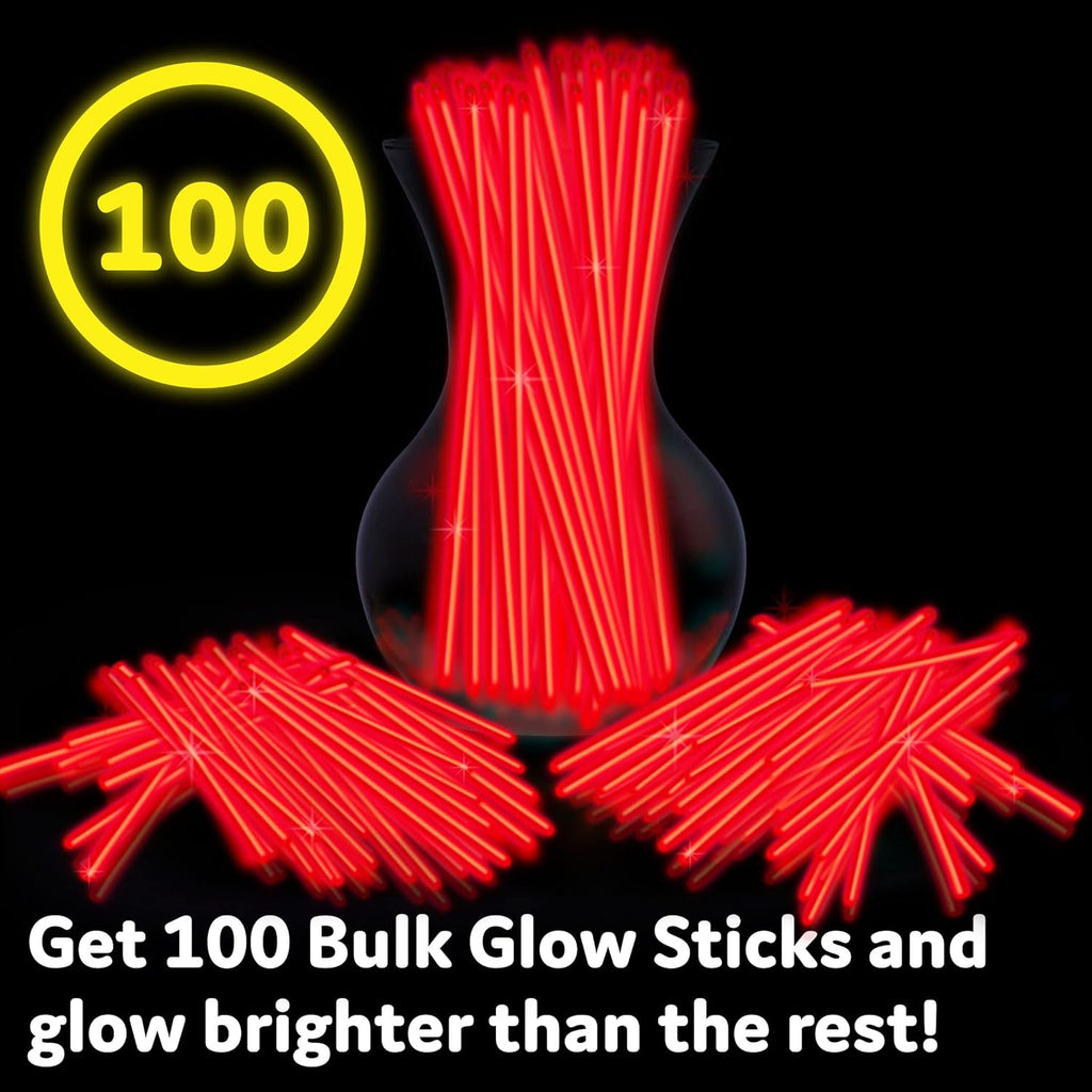 PartySticks Red Glow Sticks - 100 Pack | 8 Inch Glow in The Dark Light-Up Party Favors & Decorations