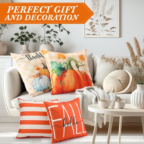 Flutesan 12 Pcs Fall Pillow Covers 18 x 18 Inch Hello Pumpkin Autumn Thanksgiving Decorations Throw Pillow Covers Square Cushion Case for Couch Sofa Outdoor Indoor Home Decor