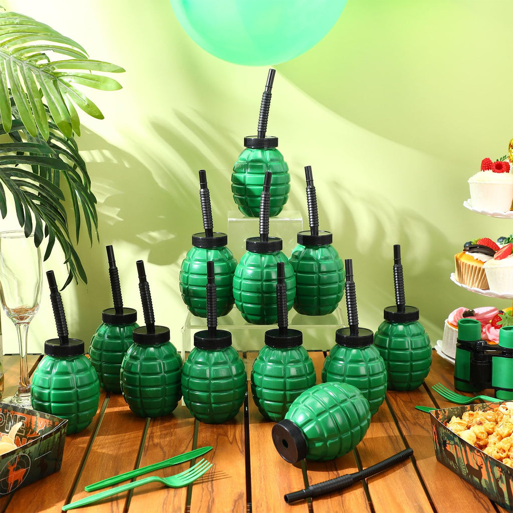 Tanlade Army Birthday Party Camo Party Supplies Grenade Cups with Straws and Lids, 10 oz Plastic Grenade Shape Cup Reusable Cups Bulk for Army Soldier Camouflage(24 Pcs)