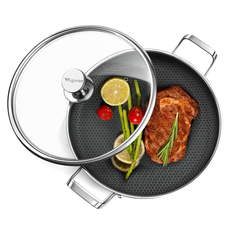Vegoran Stainless Steel Pan With Cooking Lid,13 Inch Non Stick Frying Pans, PFOA Free, Dishwasher and Oven Safe Cooking Fry Pans (13 INCH PAN)
