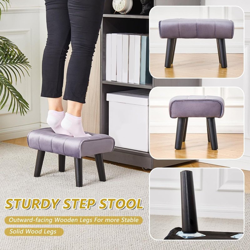 Wimarsbon Small Foot Stool Ottoman Modern Accent Step Stool Seat with Solid Wood Legs Velvet Soft Padded Pouf Ottomans Sofa Footrest Stools 16 inch for Couch Living Room Entryway 2 PCS Grey