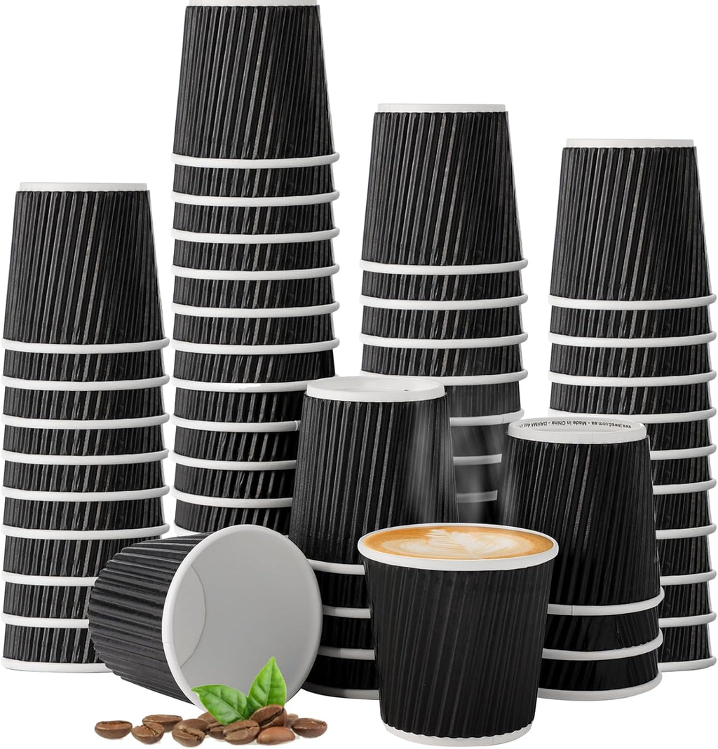 Skiennix 4oz Paper Espresso Cups - Disposable Ripple Wall Hot/Cold Coffee Cups | 200 Pcs (Black)
