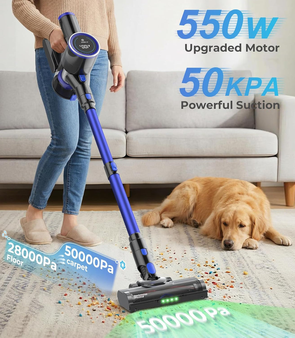 Skiennix Cordless Vacuum Cleaner - 550W, 50KPa Suction, 45 Minutes Runtime | Self-Standing, Anti-Tangle Brush, LED Display for Hardwood, Carpet, Pet Hair