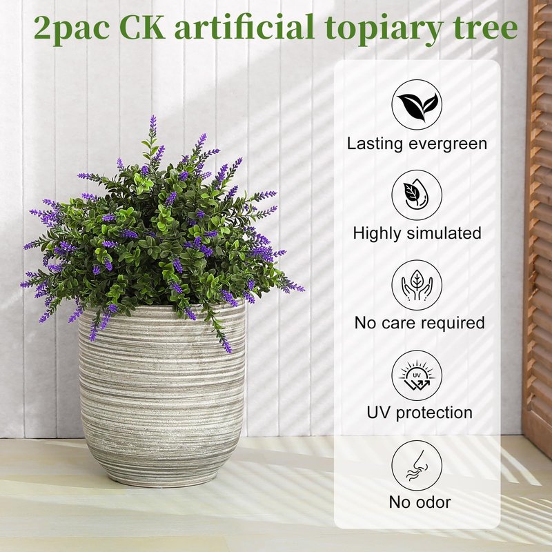 LUWENER 23.6" Artificial Lavender with Boxwood Topiary Ball, 2 Pack UV Resistant Artificial Shrubs，with Ground Spikes, Indoor and Outdoor Fake Evergreen Tree for Porch, Garden, Front Door Decoration