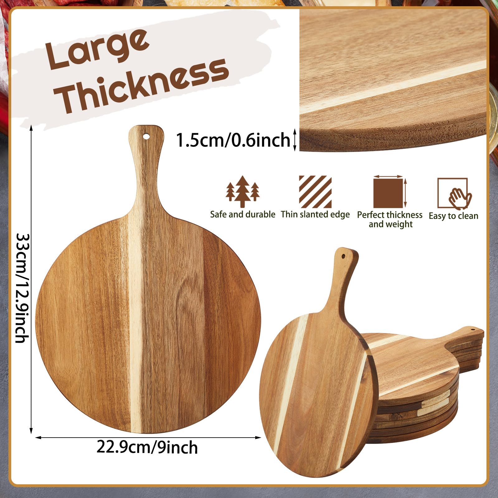 Sliner 6 Pcs Acacia Wood Round Cutting Board Bulk 0.6 Inch Thick Charcuterie Board with Handle Large Wooden Chopping Paddle for Cutting Pizza Cheese Meat Fruit (13 x 9 Inch)