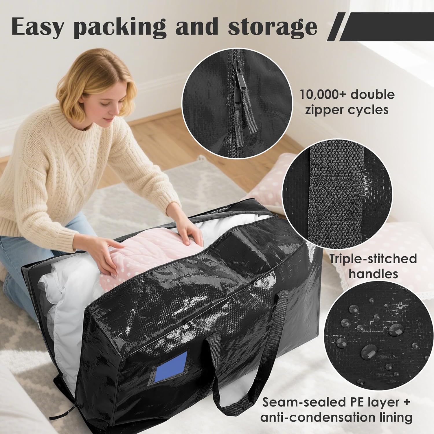 Skiennix 6 Pack Moving Bags - Extra Large 93L Heavy Duty Waterproof Storage Totes | Black for College & Home Organization