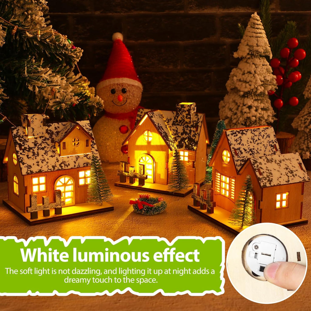 Toyvian Christmas Village Houses Decor - 3 Pcs Glowing Wooden Cabin Set with Lights for Holiday Centerpieces