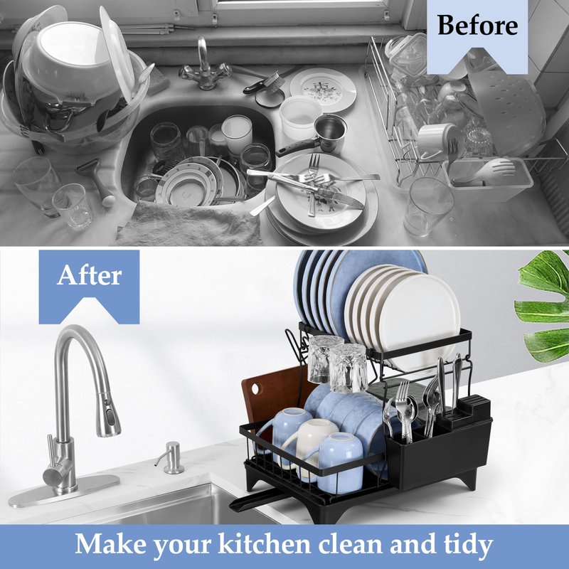 Herogo 2 Tiers Dish Drying Racks, Dish Drainers Racks with Drain Board for Kitchen Counter, Large Kitchenware Organizers with Utensil Cup Cutting Board Holder & Rotatable Spout, Detachable, Black