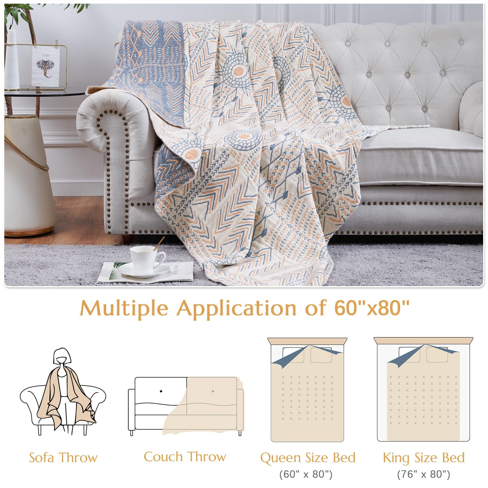 jinchan Boho 100% Cotton Muslin Twin Size 60x80 Throw Blanket Lightweight 4-Layer Orange Reversible Blanket Washable Breathable Geometric Striped Pattern Soft Comfy for Couch Bed Decor All Seasons