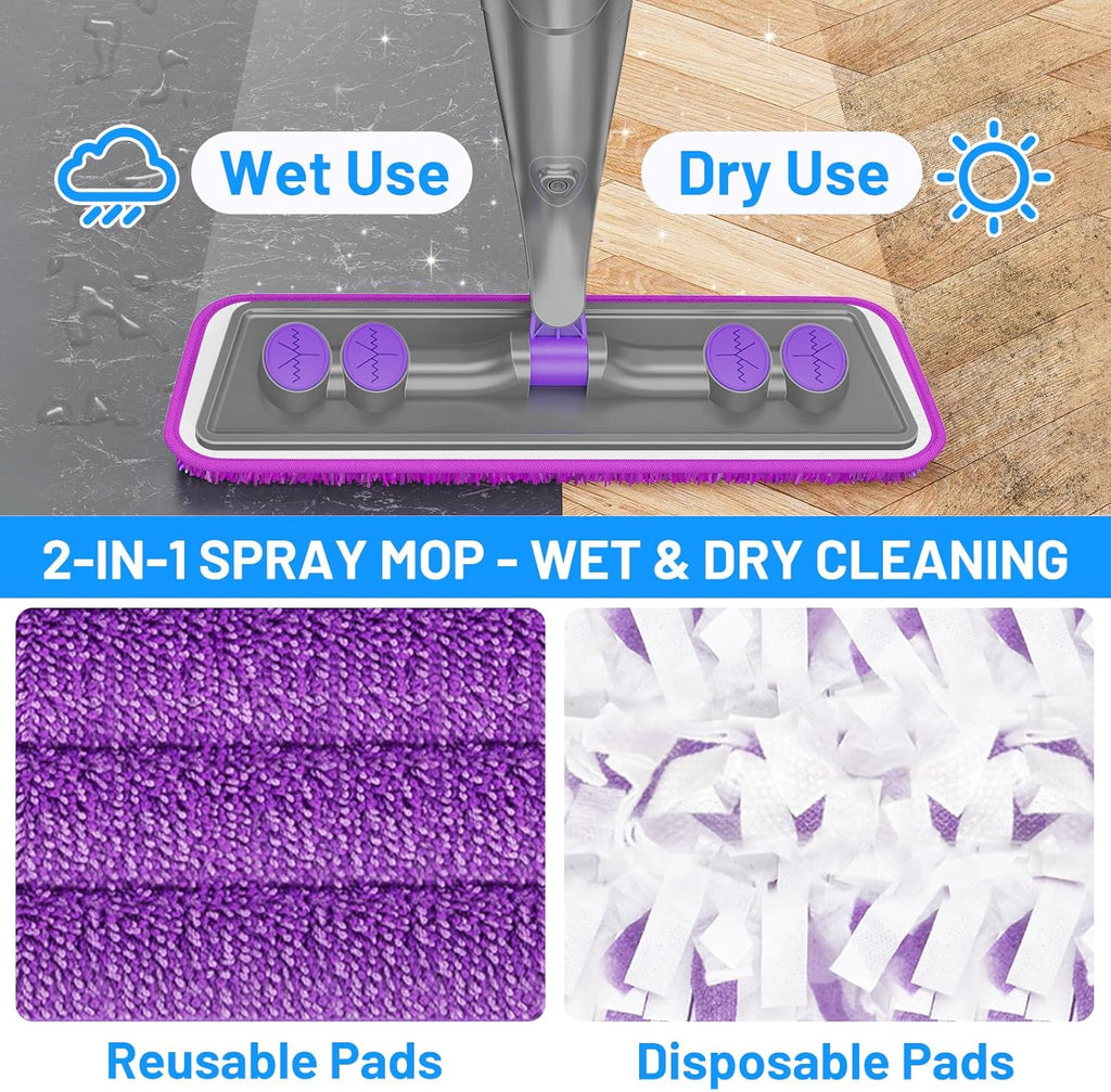 Skiennix Spray Mop for Floor Cleaning - Wet & Dry Mop with 2 Washable + 2 Disposable Pads | Refillable Bottle for Hardwood & Tile - Ideal for Pet Hair & Dust Removal